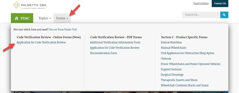 View of forms menu with arrows pointing out new Application for Code Verification Review