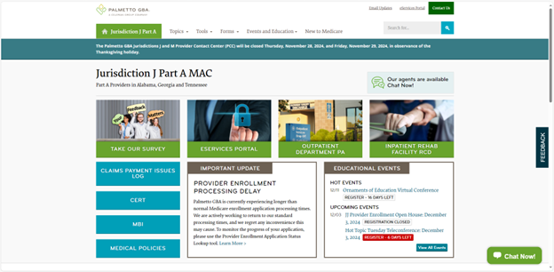 Screen shot of the Jurisdiction Part A home page. 