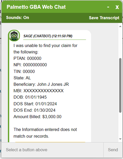 I was unable to find your claim for the following: [claim information entered]